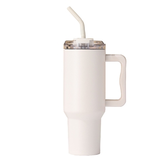 Termokrus med låg og rustfrit stål sugerør - 1180 ml - hvid